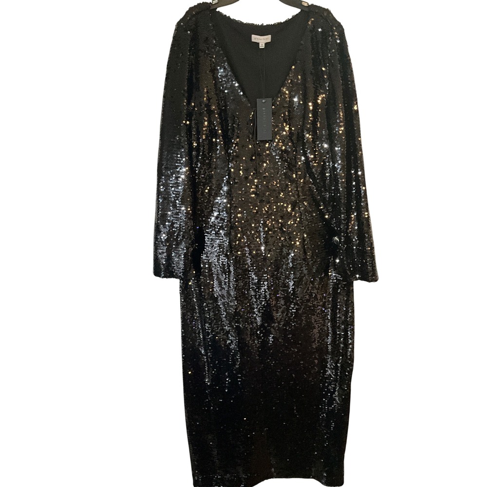 Gianni Bini Black Sequin V-Neck Long Sleeve Midi Dress Size 14 NWT